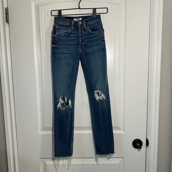Re/Done Denim - RE/DONE High‎ Rise Ankle Crop Distressed Raw Hem Blue Jeans Size 23